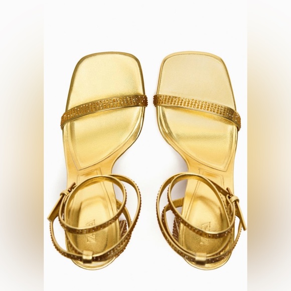 NWT Zara Gold Block Heel Sandals. Size 37 - Picture 2 of 16